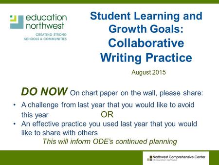 Student Learning and Growth Goals: Collaborative Writing Practice August 2015 A challenge from last year that you would like to avoid this year OR An effective.