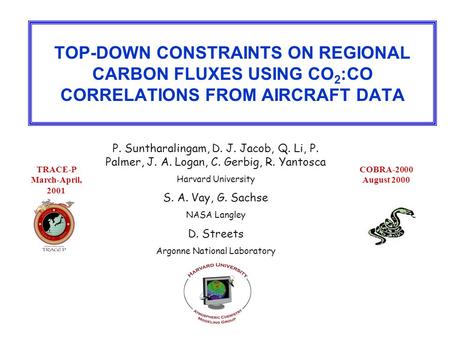 TOP-DOWN CONSTRAINTS ON REGIONAL CARBON FLUXES USING CO 2 :CO CORRELATIONS FROM AIRCRAFT DATA P. Suntharalingam, D. J. Jacob, Q. Li, P. Palmer, J. A. Logan,