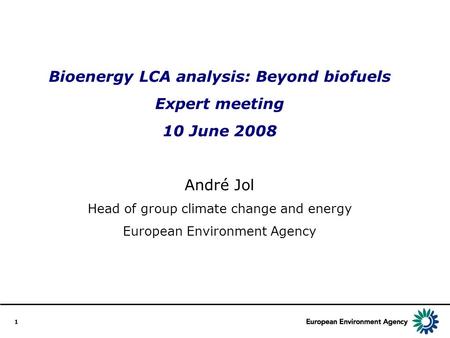 1 Bioenergy LCA analysis: Beyond biofuels Expert meeting 10 June 2008 André Jol Head of group climate change and energy European Environment Agency.