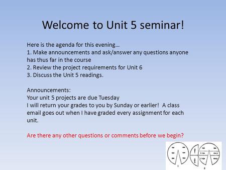Welcome to Unit 5 seminar! Here is the agenda for this evening… 1. Make announcements and ask/answer any questions anyone has thus far in the course 2.