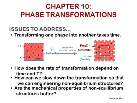 Chapter 10- ISSUES TO ADDRESS... Transforming one phase into another takes time. How does the rate of transformation depend on time and T? 1 How can we.