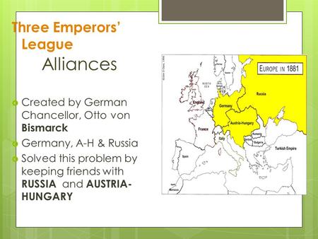 Alliances Three Emperors’ League  Created by German Chancellor, Otto von Bismarck  Germany, A-H & Russia  Solved this problem by keeping friends with.