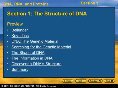 DNA, RNA, and Proteins Section 1 Section 1: The Structure of DNA Preview Bellringer Key Ideas DNA: The Genetic Material Searching for the Genetic Material.