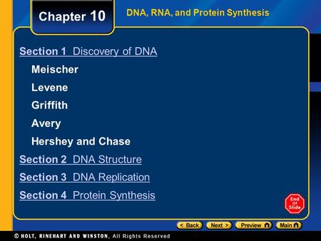 DNA, RNA, and Protein Synthesis Chapter 10 Section 1 Discovery of DNA Meischer Levene Griffith Avery Hershey and Chase Section 2 DNA Structure Section.