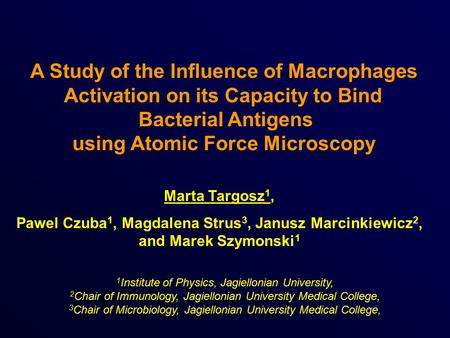 A Study of the Influence of Macrophages Activation on its Capacity to Bind Bacterial Antigens using Atomic Force Microscopy Marta Targosz 1, Pawel Czuba.