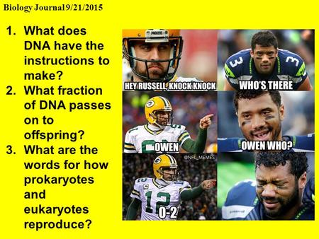 Biology Journal 9/21/2015 1.What does DNA have the instructions to make? 2.What fraction of DNA passes on to offspring? 3.What are the words for how prokaryotes.