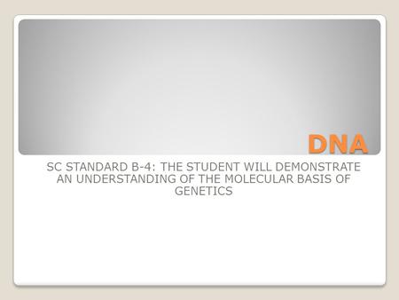 DNA SC STANDARD B-4: THE STUDENT WILL DEMONSTRATE AN UNDERSTANDING OF THE MOLECULAR BASIS OF GENETICS.