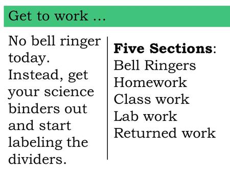 Get to work … No bell ringer today. Instead, get your science binders out and start labeling the dividers. Five Sections : Bell Ringers Homework Class.