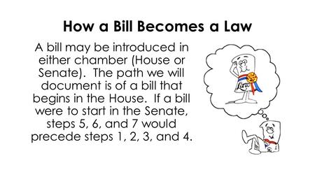 How a Bill Becomes a Law A bill may be introduced in either chamber (House or Senate). The path we will document is of a bill that begins in the House.