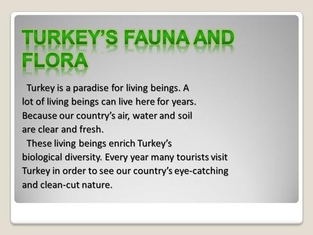 Turkey is a paradise for living beings. A Turkey is a paradise for living beings. A lot of living beings can live here for years. Because our country’s.