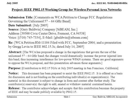 July 2005 Gary Baldwin, SiBEAM, Incorporated Slide 1 doc.: IEEE 802. 15-05-0442-00-003c Submission Project: IEEE P802.15 Working Group for Wireless Personal.