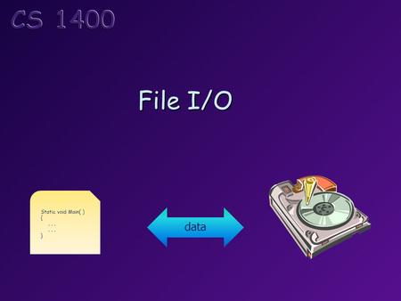 File I/O Static void Main( ) {... } data. Topics I/O Streams Reading and Writing Text Files Formatting Text Files Handling Stream Errors File Pointers.