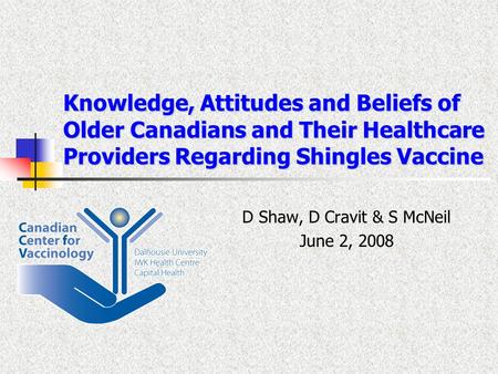 Knowledge, Attitudes and Beliefs of Older Canadians and Their Healthcare Providers Regarding Shingles Vaccine D Shaw, D Cravit & S McNeil June 2, 2008.