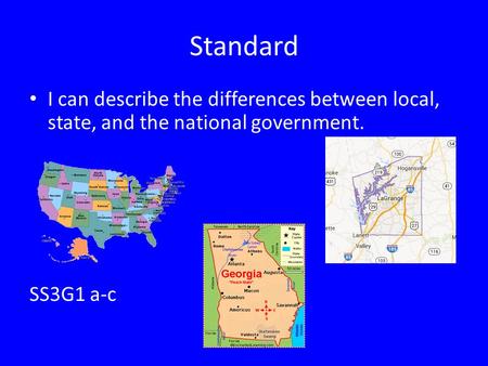 Standard I can describe the differences between local, state, and the national government. SS3G1 a-c.