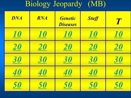 Biology Jeopardy (MB) DNARNA Genetic Diseases Stuff T 10 20 30 40 50.