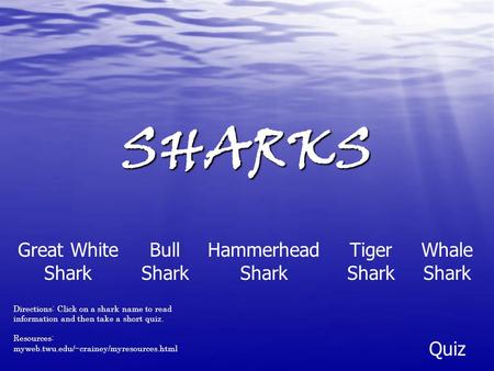 SHARKS Hammerhead Shark Great White Shark Tiger Shark Bull Shark Whale Shark Quiz Directions: Click on a shark name to read information and then take a.