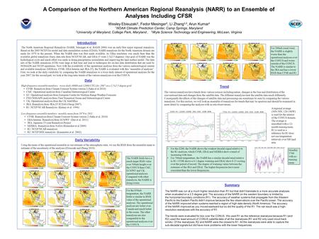 A Comparison of the Northern American Regional Reanalysis (NARR) to an Ensemble of Analyses Including CFSR Wesley Ebisuzaki 1, Fedor Mesinger 2, Li Zhang.