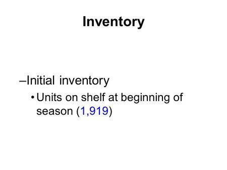 Inventory –Initial inventory Units on shelf at beginning of season (1,919)