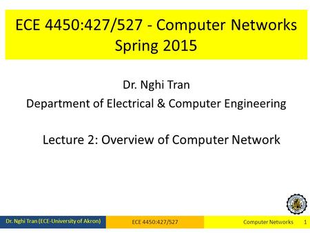 ECE 4450:427/527 - Computer Networks Spring 2015 Dr. Nghi Tran Department of Electrical & Computer Engineering Lecture 2: Overview of Computer Network.