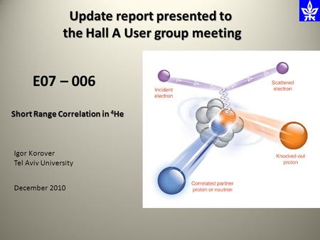 Short Range Correlation in 4 He E07 – 006 Update report presented to the Hall A User group meeting the Hall A User group meeting Igor Korover Tel Aviv.