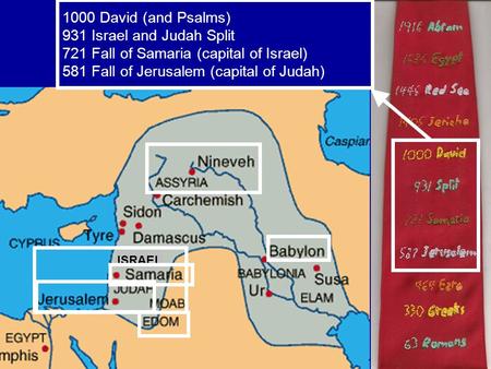 ISRAEL 1000 David (and Psalms) 931 Israel and Judah Split 721 Fall of Samaria (capital of Israel) 581 Fall of Jerusalem (capital of Judah)