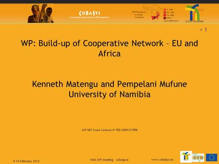Www.cobasys.eu > 1 9-10 February 2010 Kick-Off meeting - Lilongwe WP: Build-up of Cooperative Network – EU and Africa Kenneth Matengu and Pempelani Mufune.