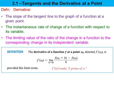 3.1 –Tangents and the Derivative at a Point