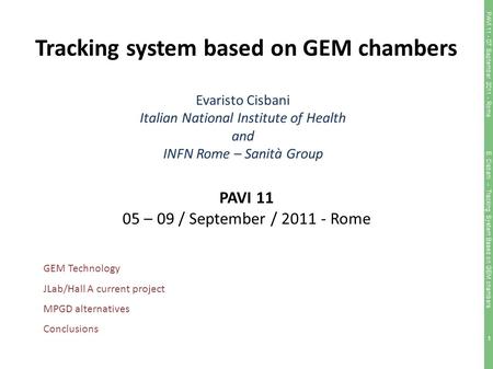 1 Tracking system based on GEM chambers Evaristo Cisbani Italian National Institute of Health and INFN Rome – Sanità Group PAVI 11 05 – 09 / September.