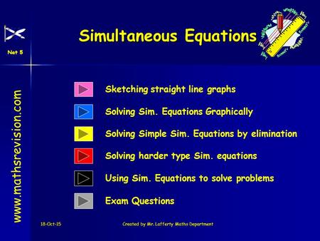 18-Oct-15Created by Mr. Lafferty Maths Department Solving Sim. Equations Graphically Simultaneous Equations www.mathsrevision.com Solving Simple Sim. Equations.