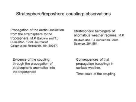 Stratospheric harbingers of anomalous weather regimes. M.P. Baldwin and T.J Dunkerton. 2001. Science, 294:581. Propagation of the Arctic Oscillation from.