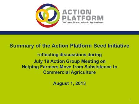 Summary of the Action Platform Seed Initiative reflecting discussions during July 19 Action Group Meeting on Helping Farmers Move from Subsistence to Commercial.