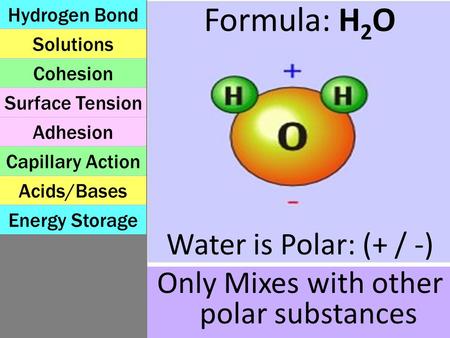 Formula: H 2 O Water is Polar: (+ / -) Only Mixes with other polar substances Solutions Capillary Action Surface Tension Energy Storage Acids/Bases Cohesion.
