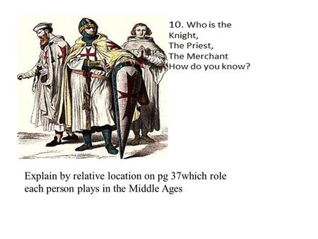 Explain by relative location on pg 37which role each person plays in the Middle Ages.
