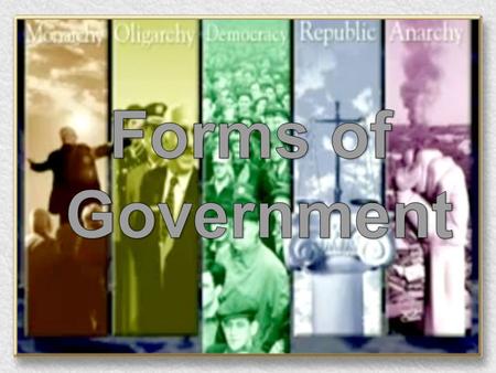 FORMS OF GOVERNMENT Absolute Monarchy Definition: Leader (King or Queen) has ALL power Guiding Belief: King chosen by God! (Divine Right) –Leader makes.