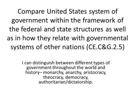 Compare United States system of government within the framework of the federal and state structures as well as in how they relate with governmental systems.
