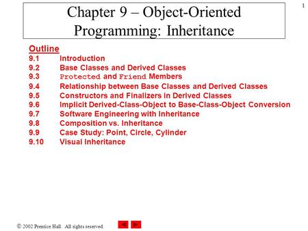  2002 Prentice Hall. All rights reserved. 1 Chapter 9 – Object-Oriented Programming: Inheritance Outline 9.1Introduction 9.2 Base Classes and Derived.