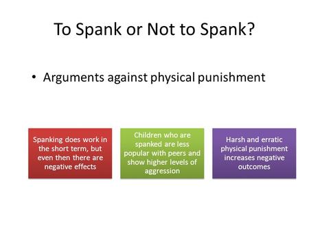 To Spank or Not to Spank? Arguments against physical punishment Spanking does work in the short term, but even then there are negative effects Children.