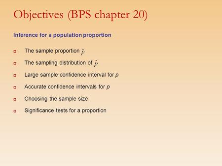 Objectives (BPS chapter 20) Inference for a population proportion  The sample proportion  The sampling distribution of  Large sample confidence interval.