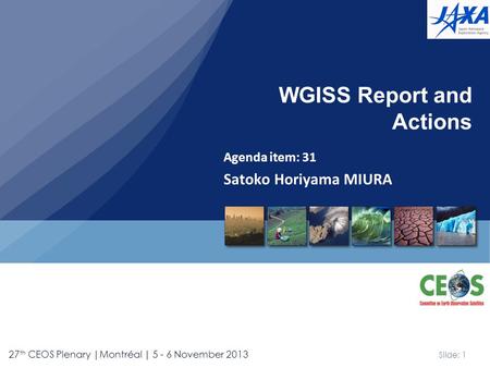 Slide: 1 27 th CEOS Plenary |Montréal | 5 - 6 November 2013 Agenda item: 31 Satoko Horiyama MIURA WGISS Report and Actions.