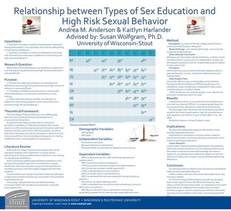 . Relationship between Types of Sex Education and High Risk Sexual Behavior Andrea M. Anderson & Kaitlyn Harlander Advised by: Susan Wolfgram, Ph.D. University.