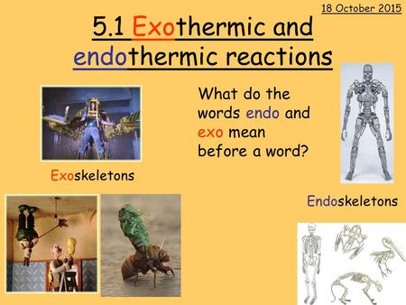 5.1 Exothermic and endothermic reactions 18 October 2015 Exoskeletons Endoskeletons What do the words endo and exo mean before a word?