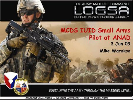 1 06/03/09 Joint Small Arms/Light Weapons Coordinating Group (JSA/LWCG ) Meeting – Web UIT MCDS IUID Small Arms Pilot at ANAD 3 Jun 09 Mike Waraksa.