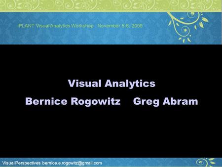 Visual Perspectives iPLANT Visual Analytics Workshop November 5-6, 2009 ;lk Visual Analytics Bernice Rogowitz Greg Abram.