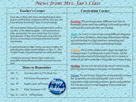 Teacher’s Corner News from Mrs. Jao’s Class Dates to Remember Curriculum Corner Reading: We are doing many different activities in Reading Centers and.