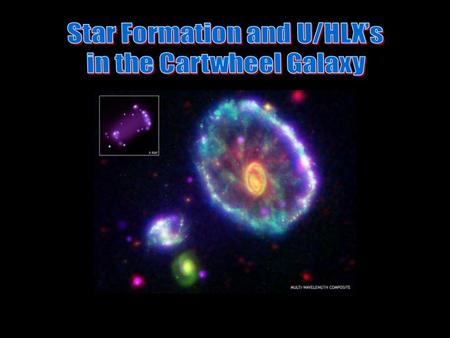 The Cartwheel galaxy's unusual wagon-wheel shape was created by a nearly head- on collision with a smaller galaxy. The image below right is a composite.