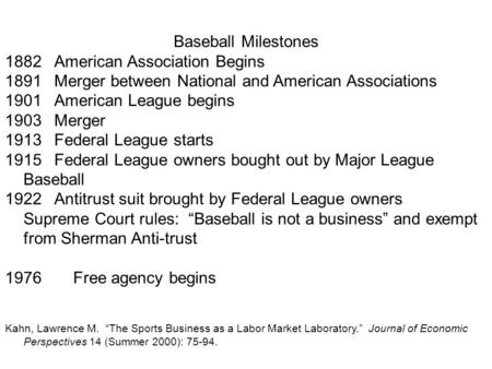 Baseball Milestones 1882American Association Begins 1891Merger between National and American Associations 1901American League begins 1903Merger 1913Federal.