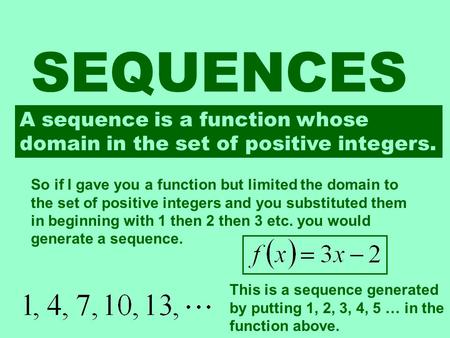 SEQUENCES A sequence is a function whose domain in the set of positive integers. So if I gave you a function but limited the domain to the set of positive.