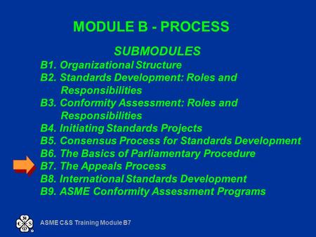 ASME C&S Training Module B7 MODULE B - PROCESS SUBMODULES B1. Organizational Structure B2. Standards Development: Roles and Responsibilities B3. Conformity.