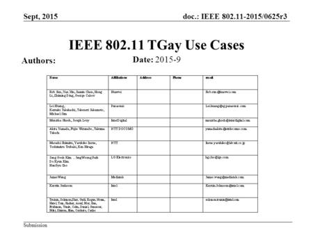 Sept, 2015 doc.: IEEE 802.11-2015/0625r3 Submission IEEE 802.11 TGay Use Cases Date: 2015-9 Authors: