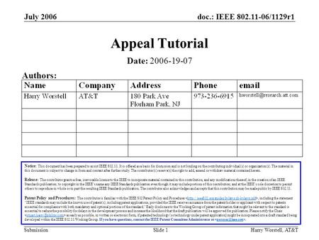 Doc.: IEEE 802.11-06/1129r1 Submission July 2006 Harry Worstell, AT&TSlide 1 Appeal Tutorial Notice: This document has been prepared to assist IEEE 802.11.